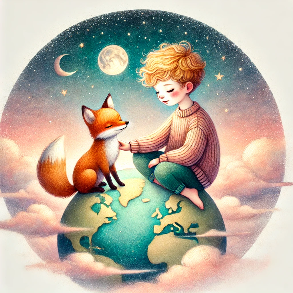 Ilustração poética de um menino de cabelos dourados sentado em um pequeno planeta, contemplando as estrelas, com uma raposa ao seu lado. O cenário tem uma atmosfera mágica e onírica, com cores suaves e um céu estrelado ao fundo.