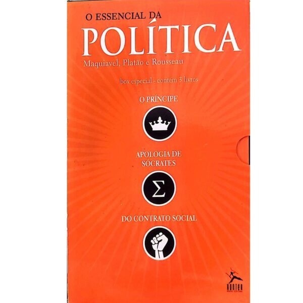 Capa do box O Essencial da Política com os livros O Príncipe, O Contrato Social e Apologia de Sócrates