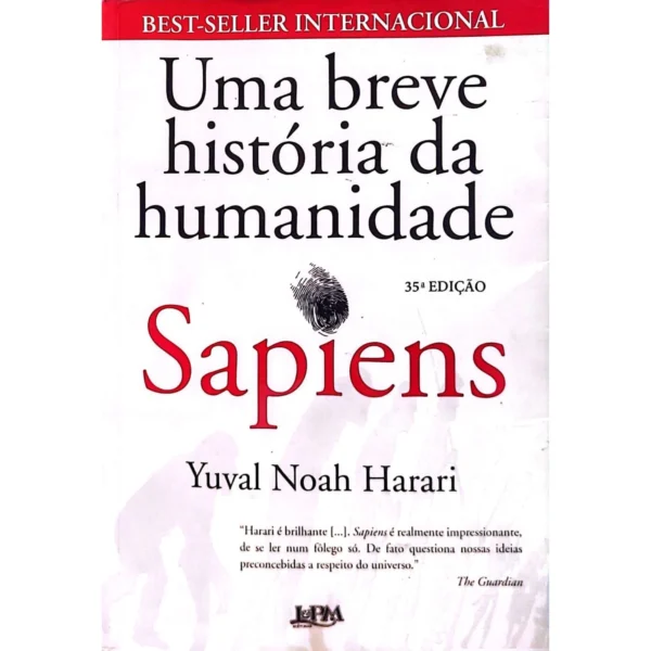Capa do livro Sapiens – Uma Breve História da Humanidade, de Yuval Noah Harari, à venda na livraria Meu Rio de Todos os Tempos.