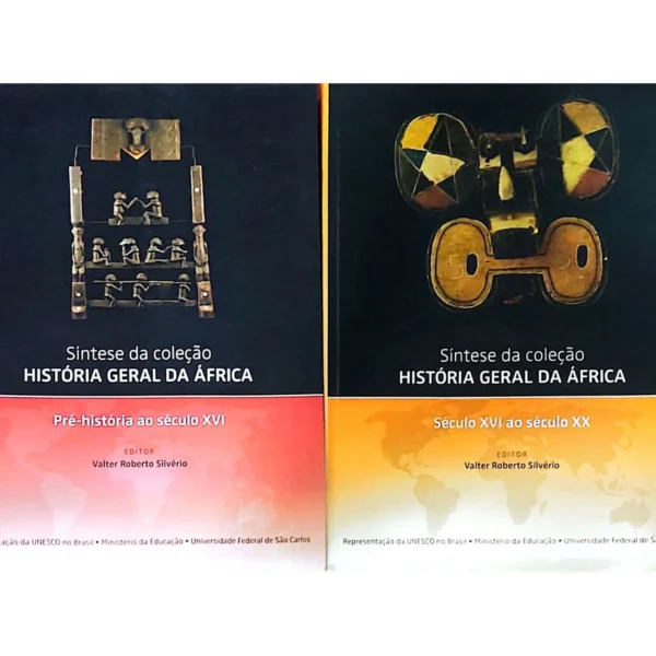 Capas dos livros Síntese da Coleção História Geral da África: Pré-história ao Século XVI e Século XVI ao Século XX, de Valter Roberto Silvério, em excelente estado de conservação